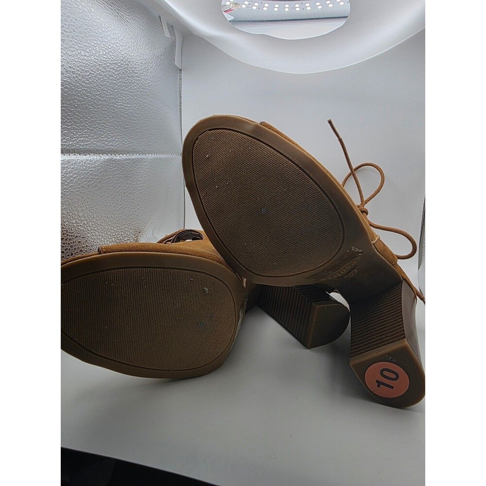 Bamboo Women Lace Up Peep Toe Block Heel Sandals Brown Suede Size 10 EU40 - Picture 4 of 5
